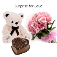 Soft Teddy N Pink Rose N Heart Shape Cake